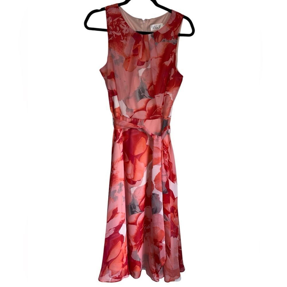 ELIZA J SIZE 8 red sleeveless dress‎ tied waist floral